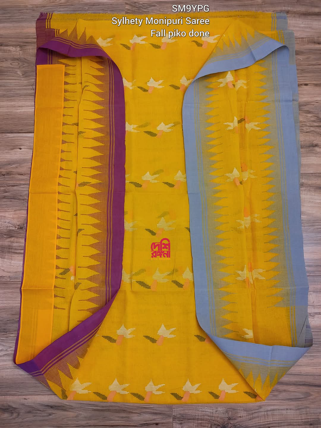 Yellow Sylheti Monipuri Cotton Saree with Purple & Gray Border