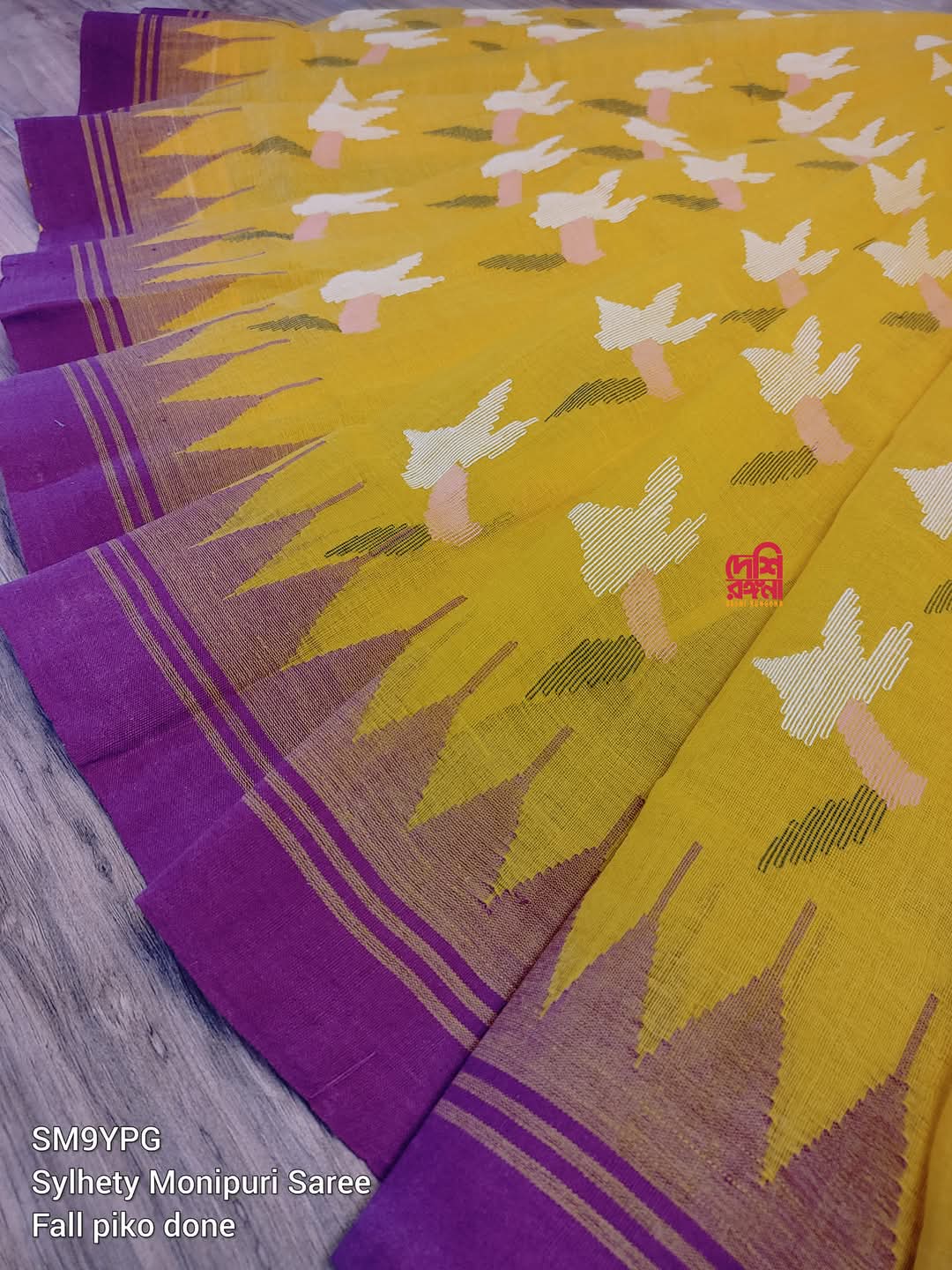 Yellow Sylheti Monipuri Cotton Saree with Purple & Gray Border