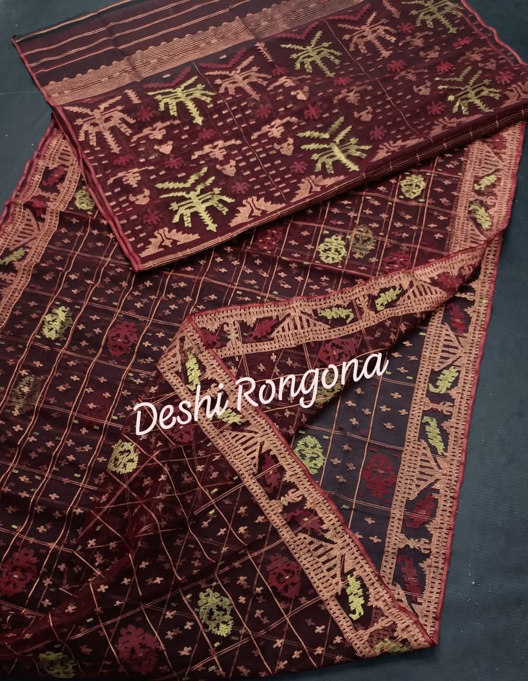 Elegant Deep Maroon Dhakai Jamdani Saree - Handloom Classic