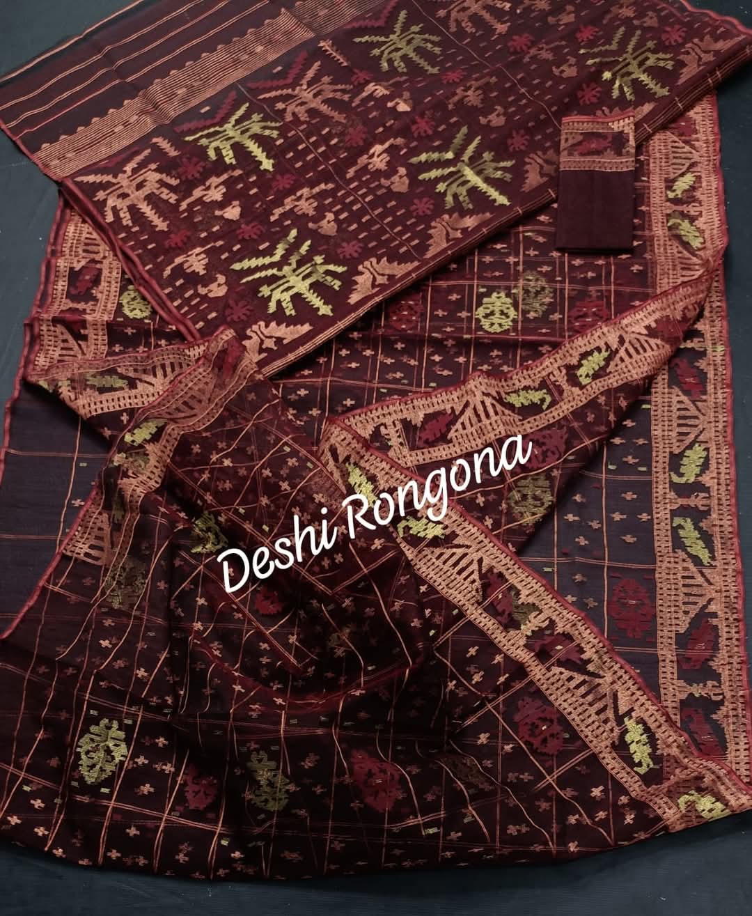 Elegant Deep Maroon Dhakai Jamdani Saree - Handloom Classic