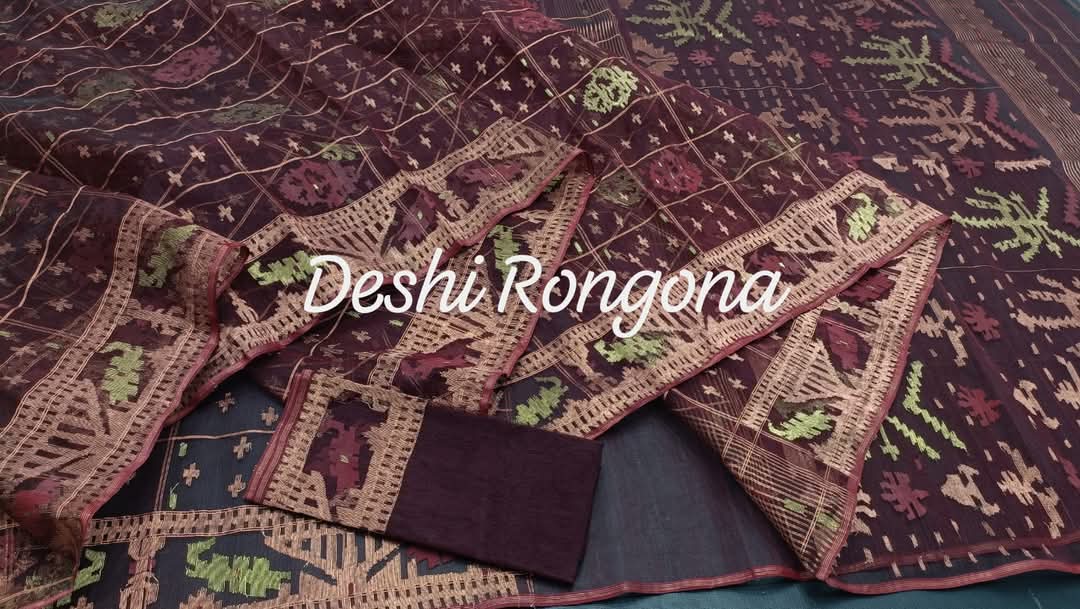 Elegant Deep Maroon Dhakai Jamdani Saree - Handloom Classic
