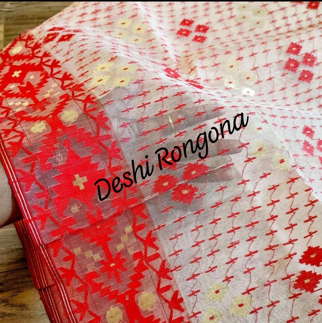 White Red Dhakai Jamdani Saree - Handloom 80 Count