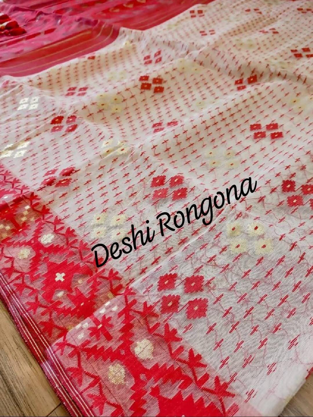 White Red Dhakai Jamdani Saree - Handloom 80 Count