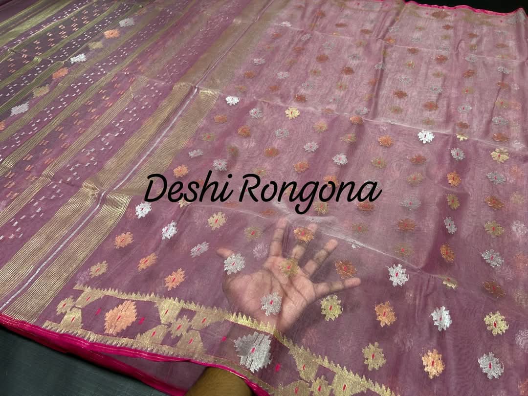 Handwoven Dhakai Jamdani Saree – Pink Mauve Halfsilk