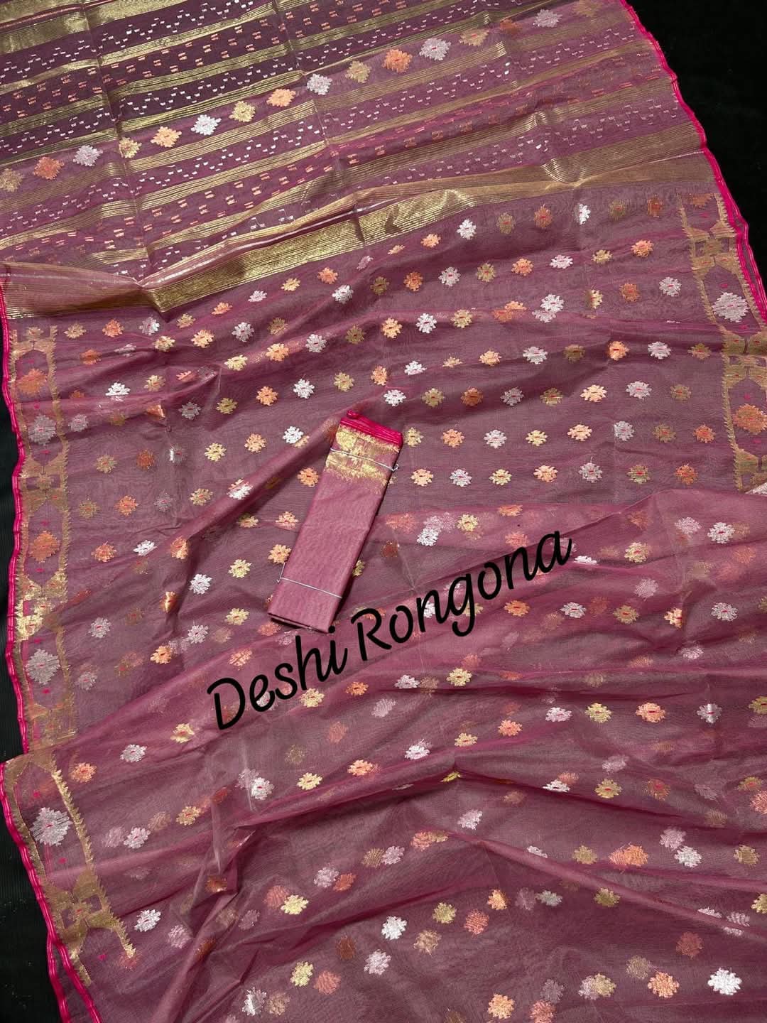 Handwoven Dhakai Jamdani Saree – Pink Mauve Halfsilk
