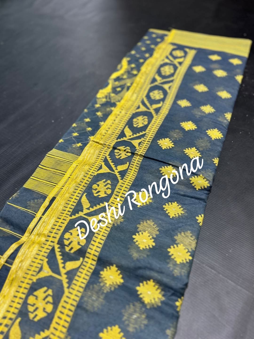 Gray Dhakai Jamdani Saree with Lemon Yellow work