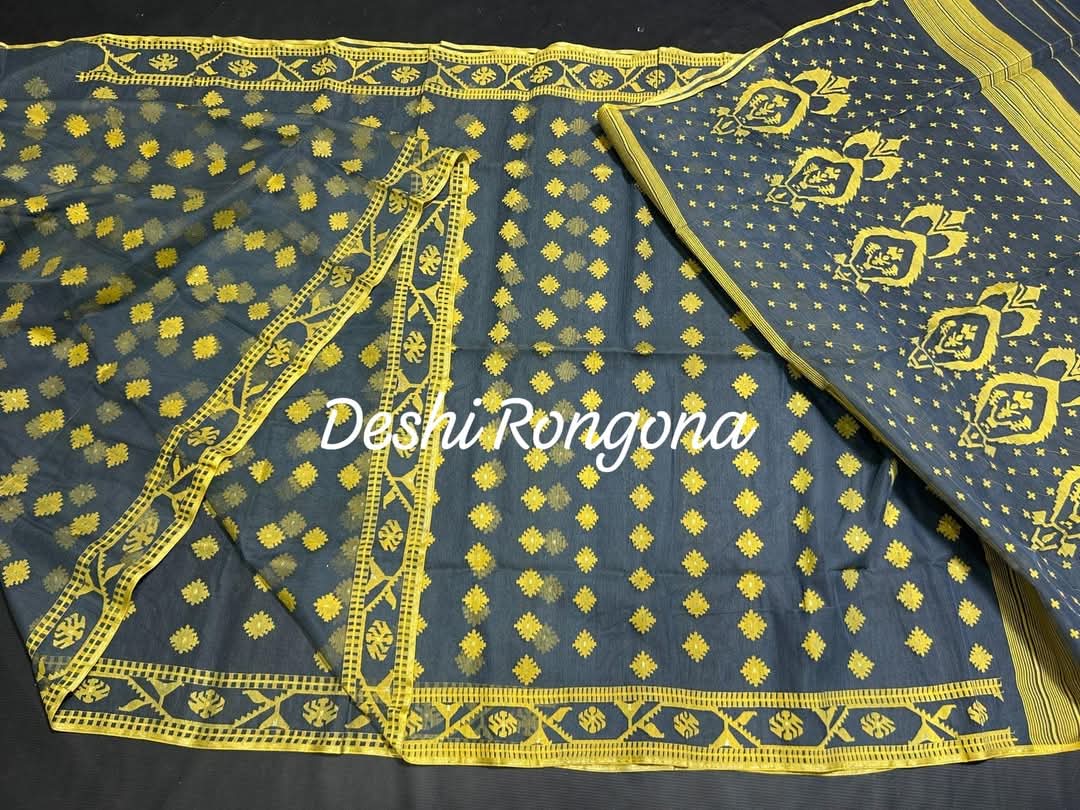 Gray Dhakai Jamdani Saree with Lemon Yellow work