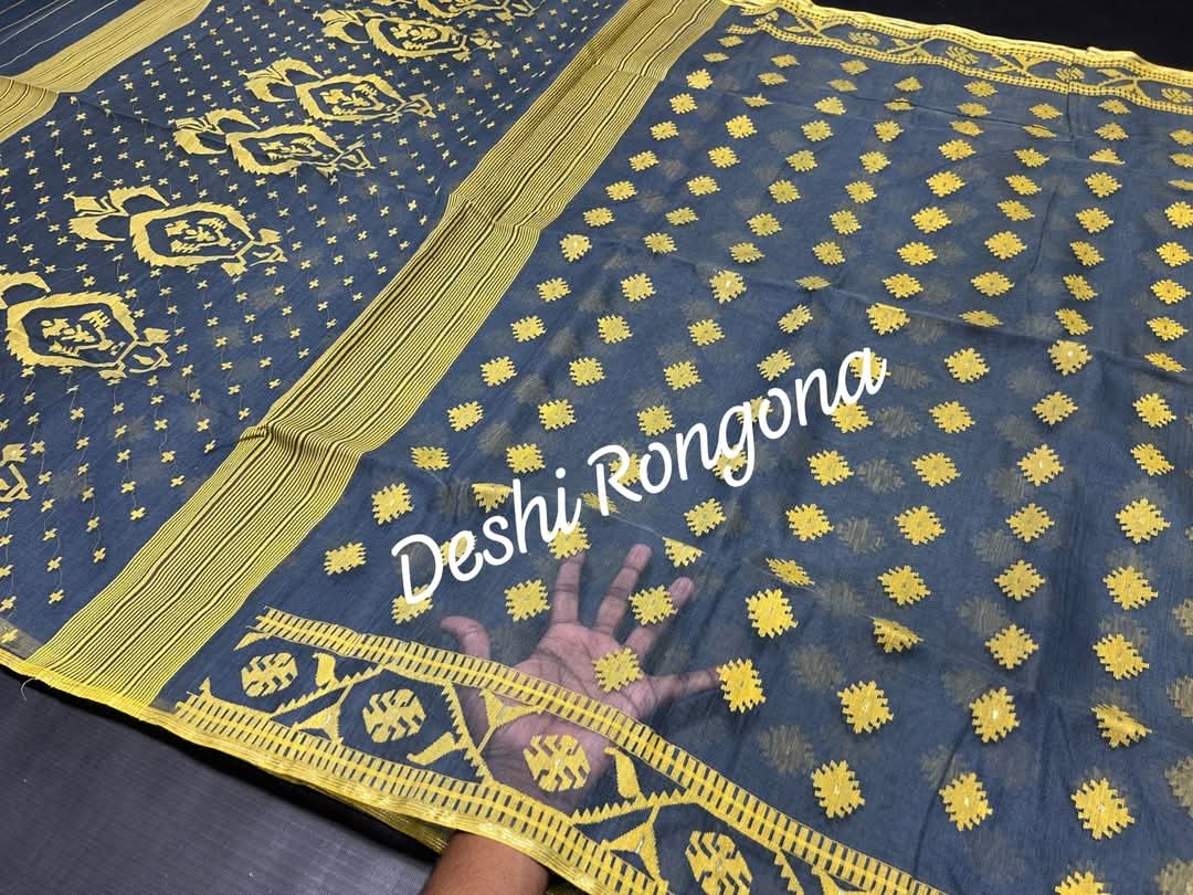 Gray Dhakai Jamdani Saree with Lemon Yellow work