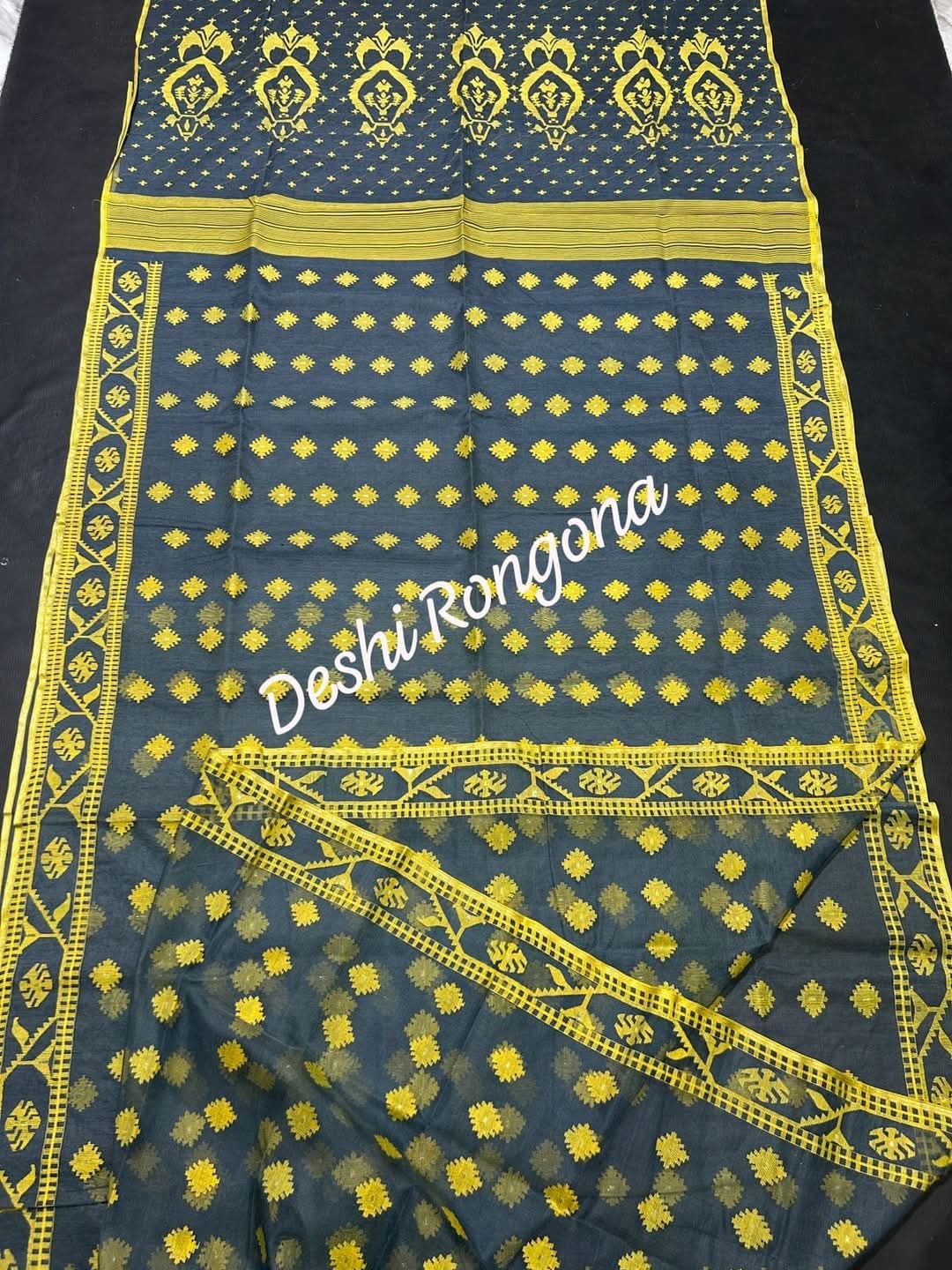 Gray Dhakai Jamdani Saree with Lemon Yellow work