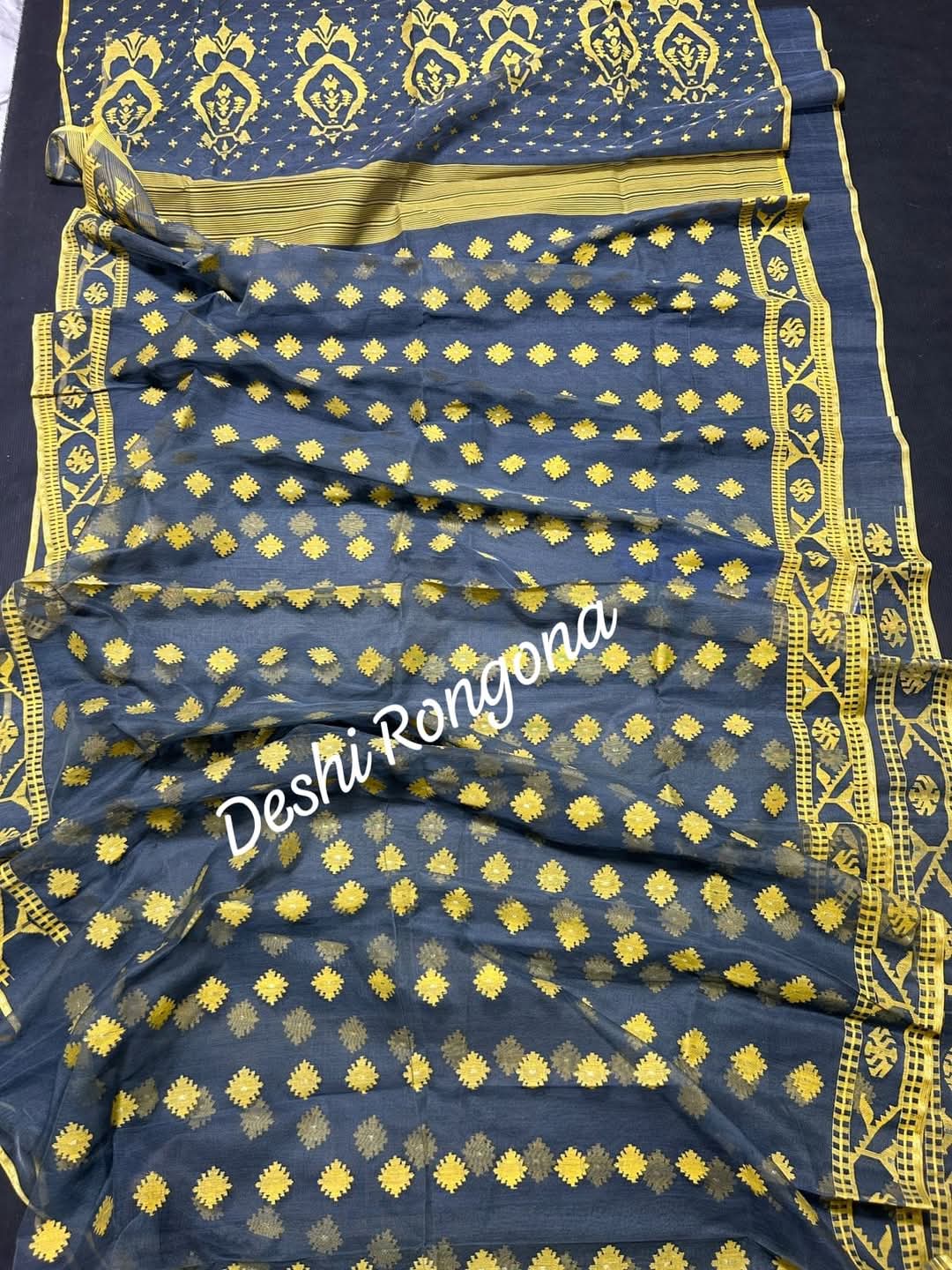 Gray Dhakai Jamdani Saree with Lemon Yellow work