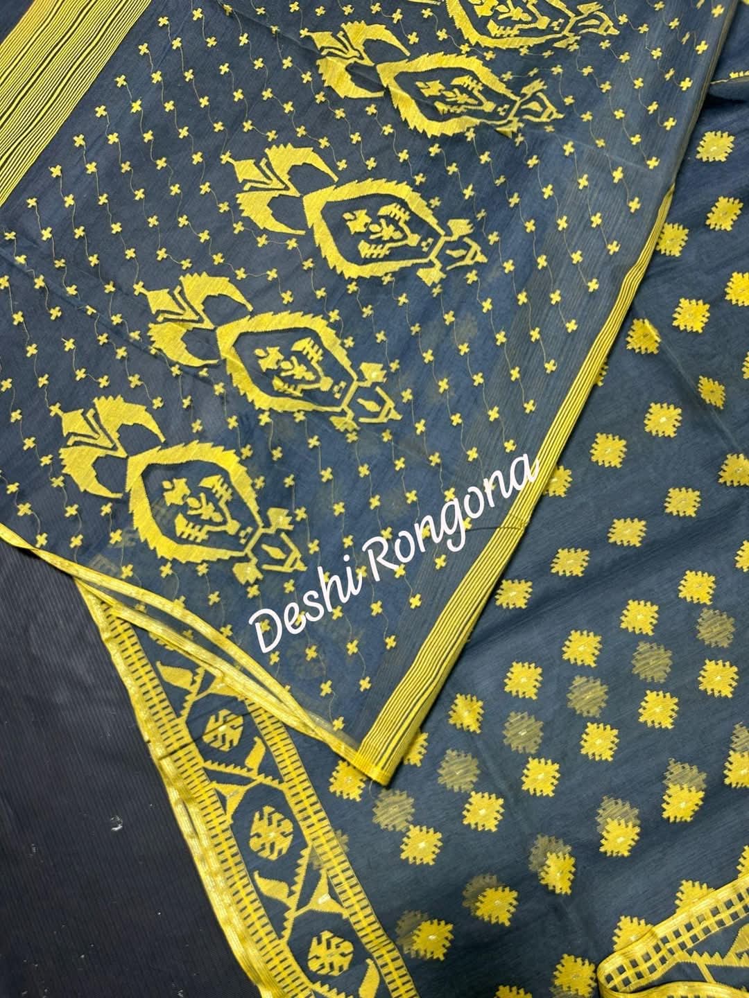 Gray Dhakai Jamdani Saree with Lemon Yellow work