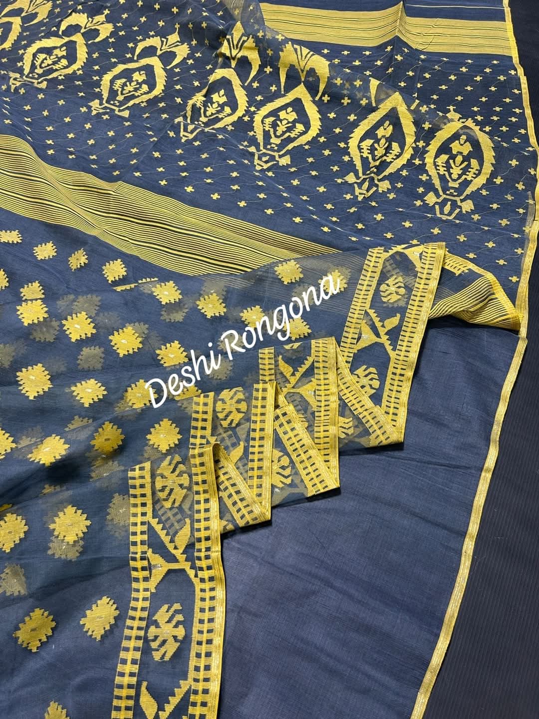 Gray Dhakai Jamdani Saree with Lemon Yellow work