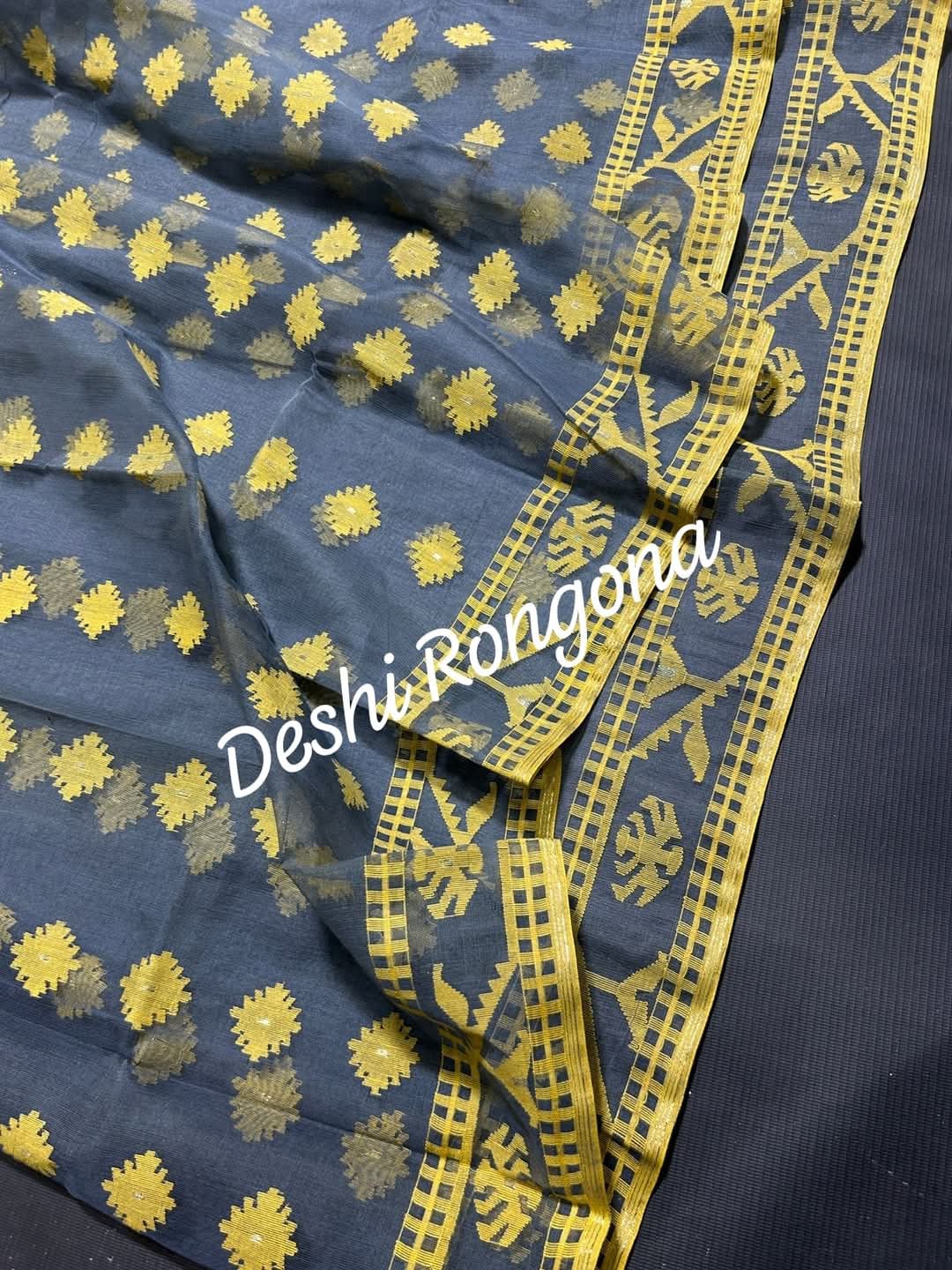 Gray Dhakai Jamdani Saree with Lemon Yellow work