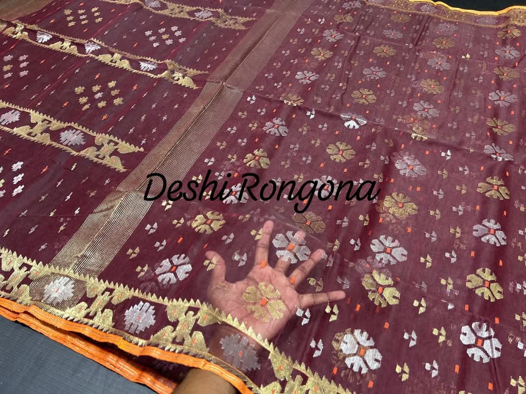 Elegant Deep Maroon Dhakai Jamdani Saree - Handloom Classic