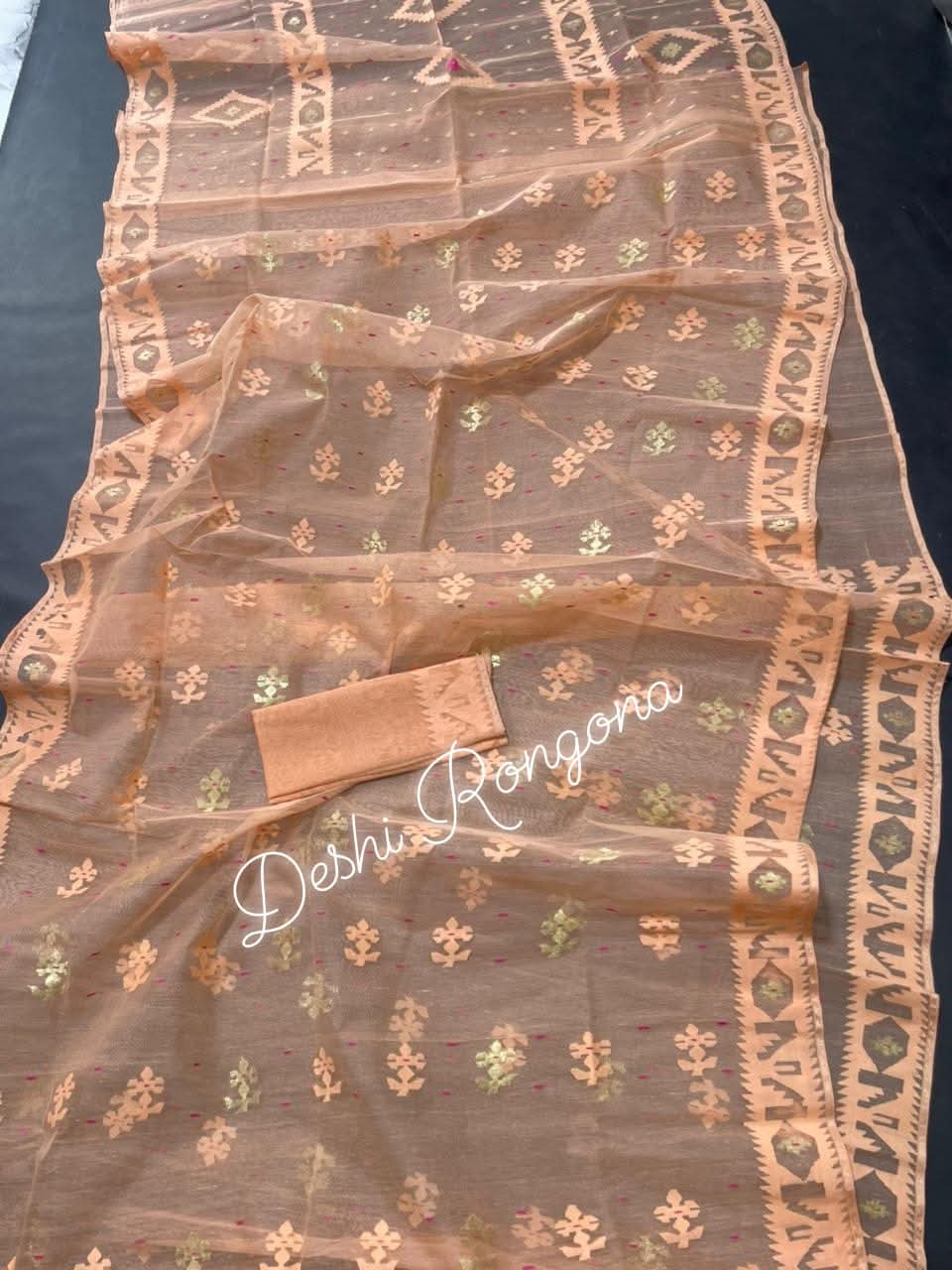 Handwoven Dhakai Jamdani Saree – Peach Halfsilk