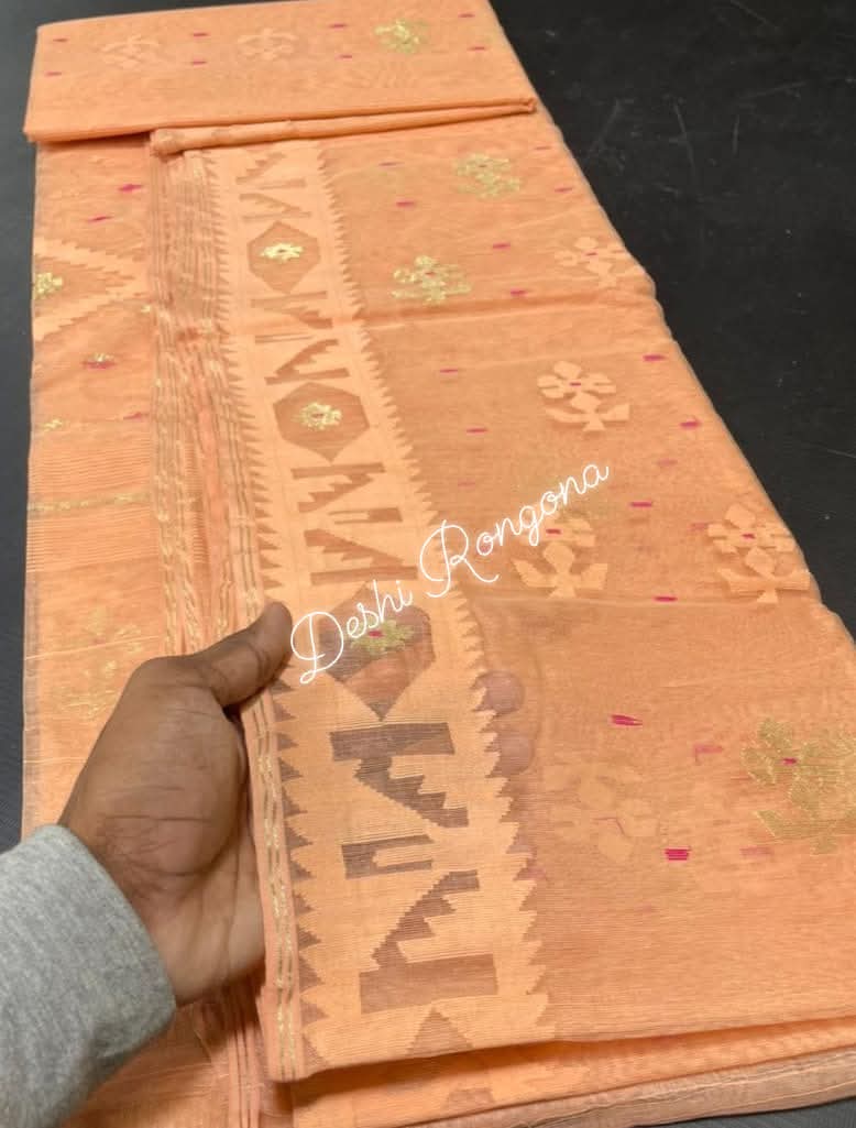 Handwoven Dhakai Jamdani Saree – Peach Halfsilk