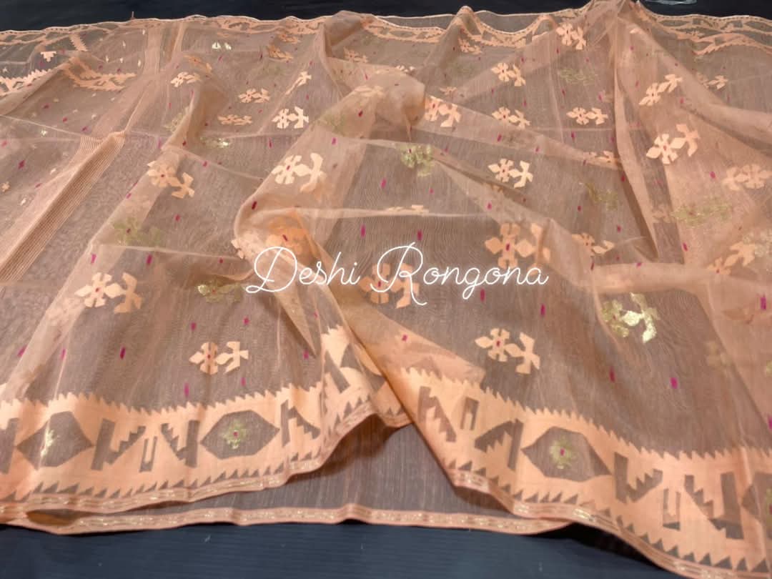 Handwoven Dhakai Jamdani Saree – Peach Halfsilk