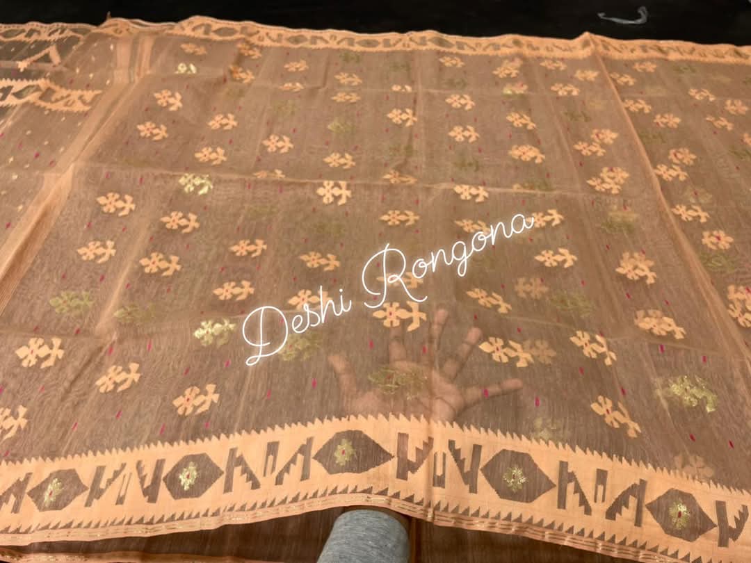 Handwoven Dhakai Jamdani Saree – Peach Halfsilk