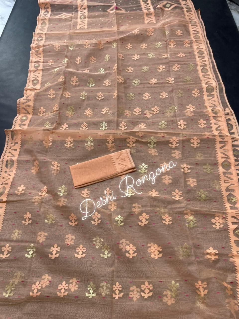 Handwoven Dhakai Jamdani Saree – Peach Halfsilk
