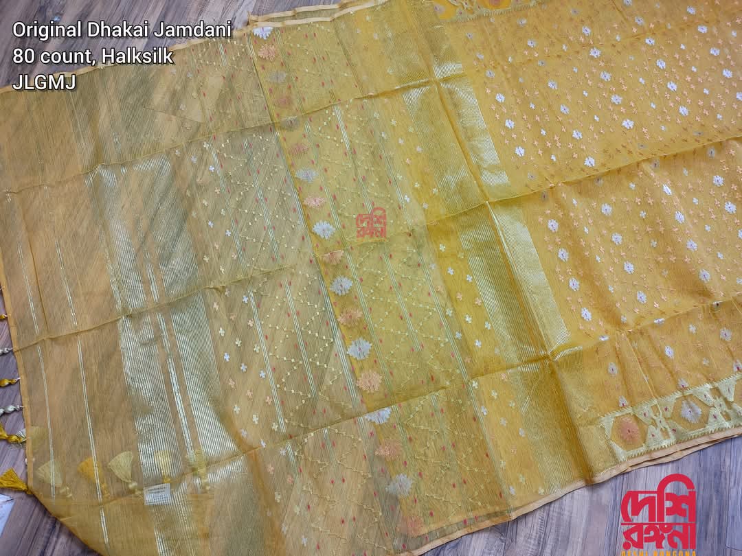Original Dhakai Jamdani Saree, Glittery Golden /Bashonti / Multi jari thread work Handwoven HalfSilk, 84 count, Traditional,Elegant, Classy
