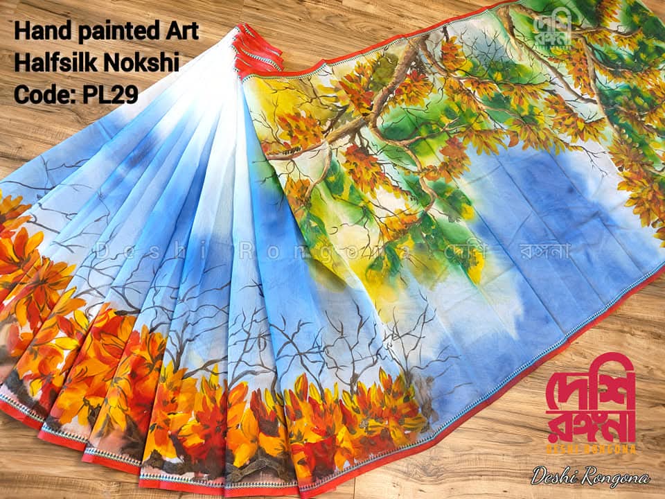 Butea Bloom Nokshi Saree – Handpainted Halfsilk