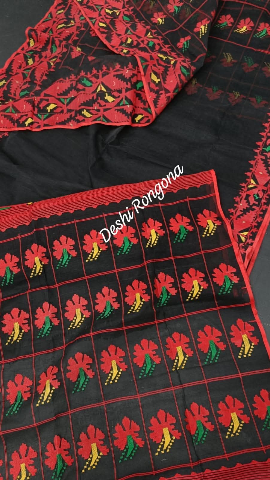 Elegant Pure Cotton Dhakai Jamdani Saree - Black and Red