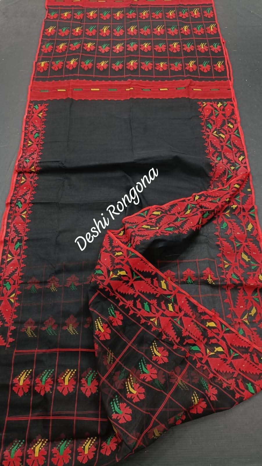 Elegant Pure Cotton Dhakai Jamdani Saree - Black and Red