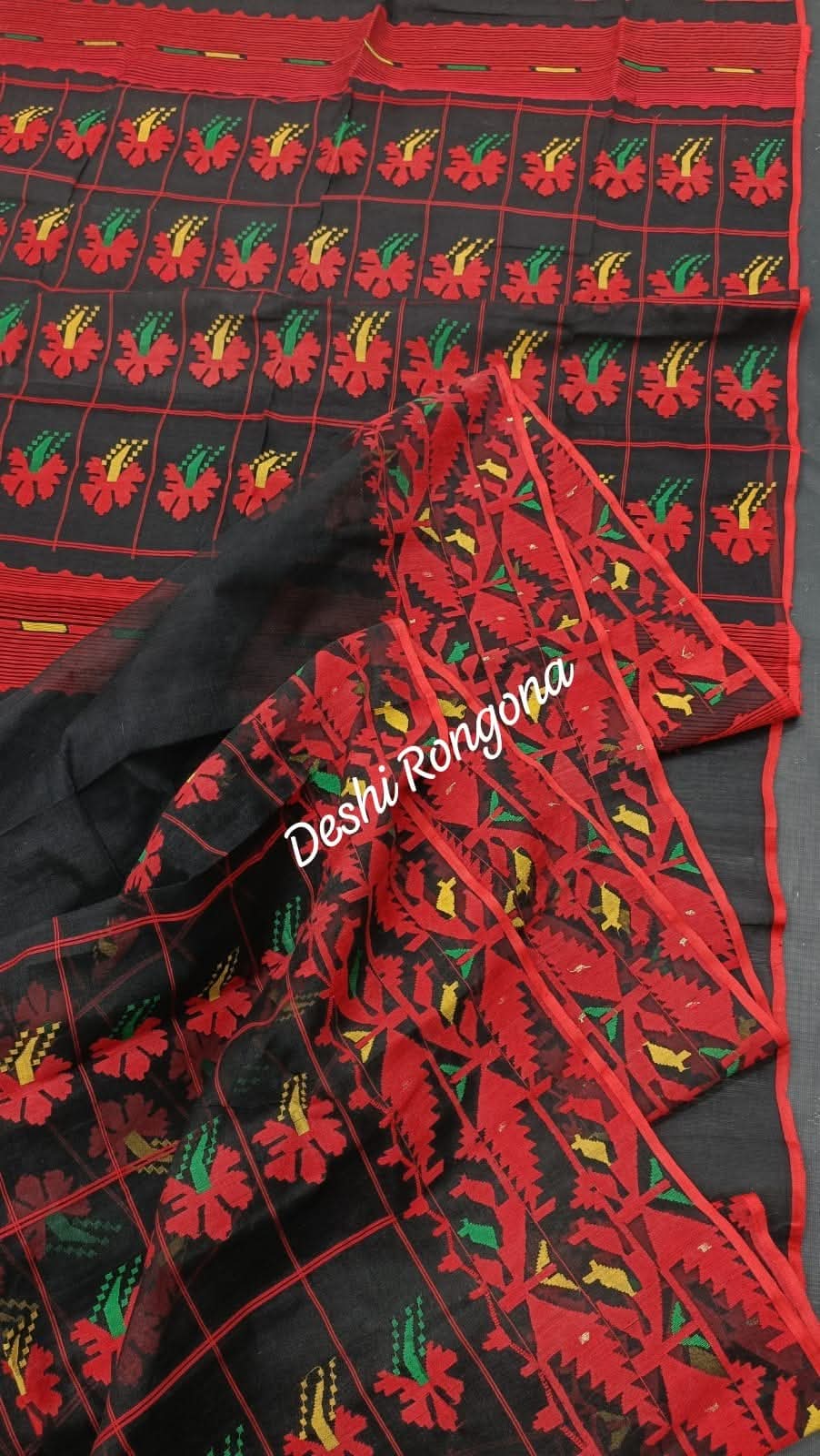 Elegant Pure Cotton Dhakai Jamdani Saree - Black and Red