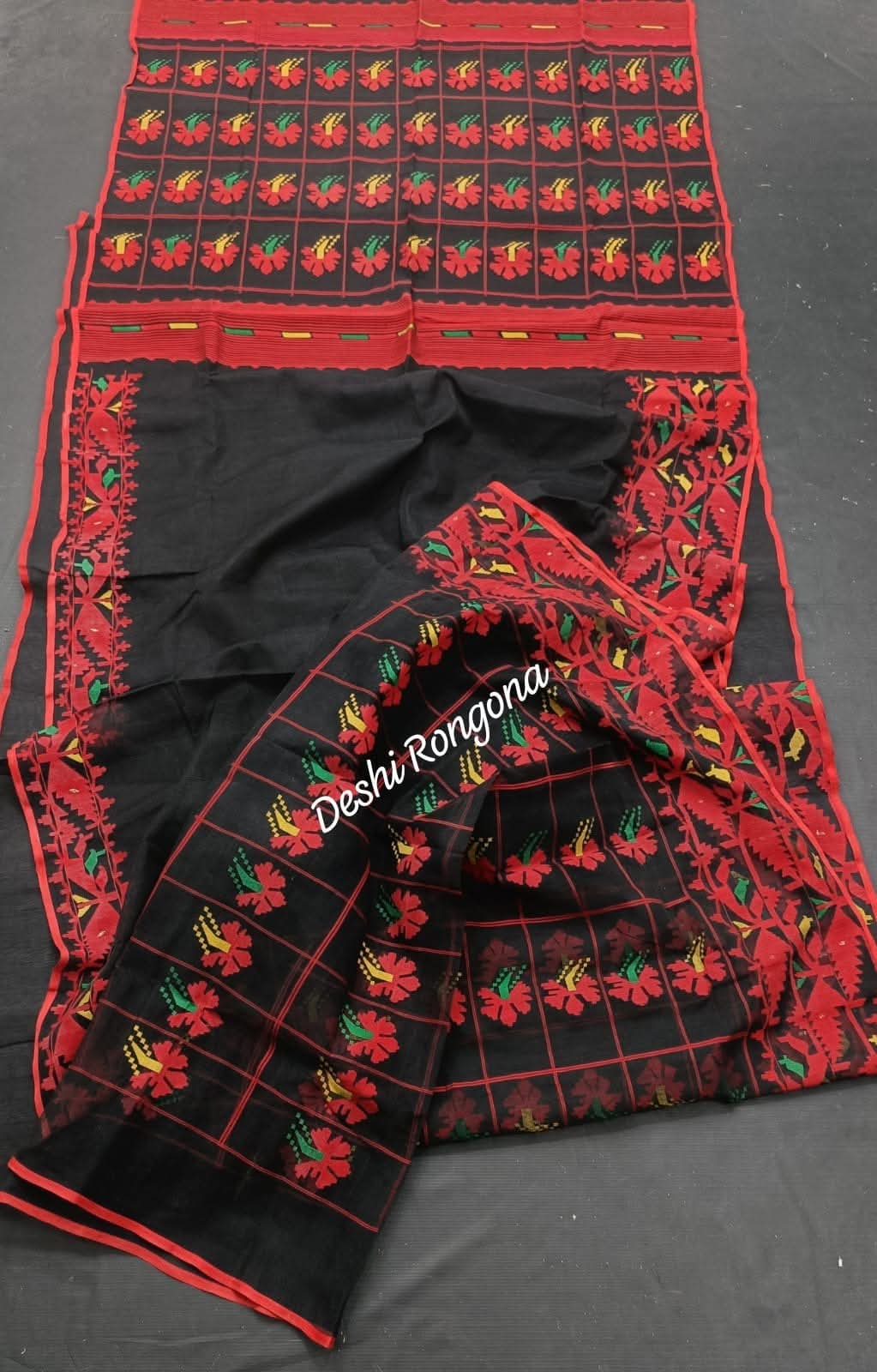Elegant Pure Cotton Dhakai Jamdani Saree - Black and Red