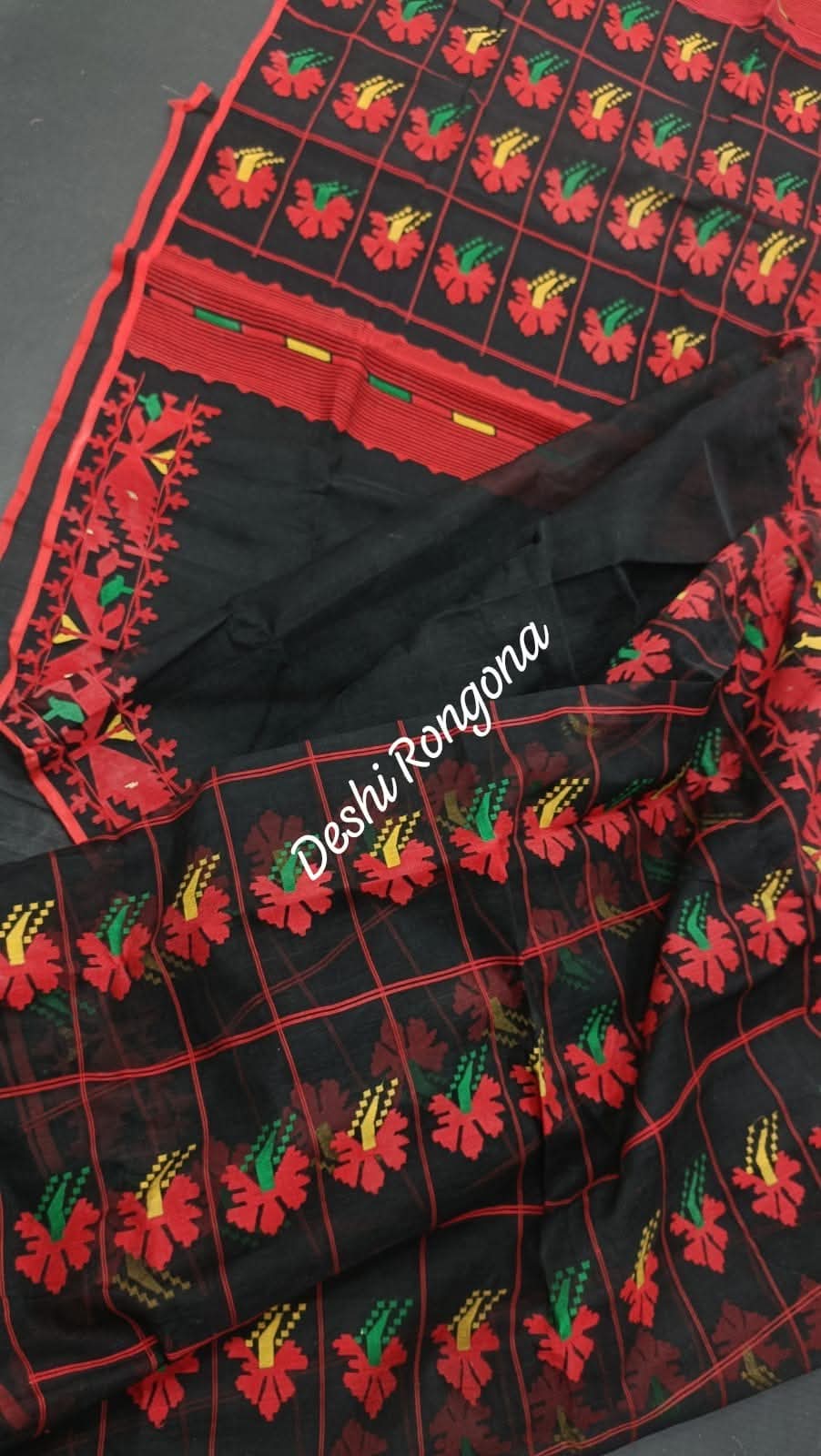 Elegant Pure Cotton Dhakai Jamdani Saree - Black and Red