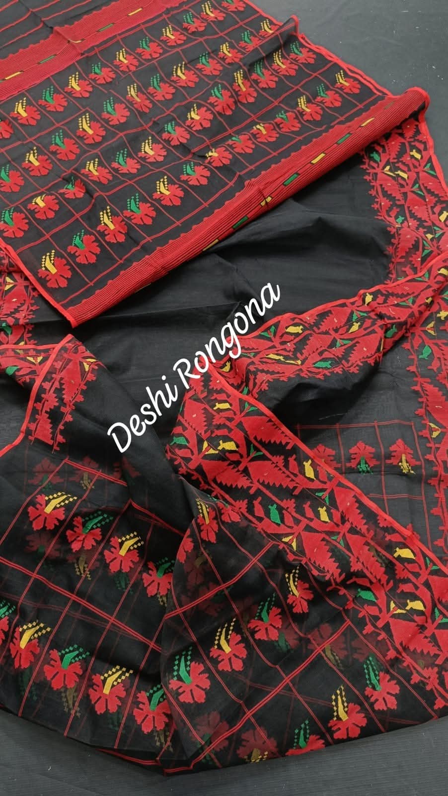 Elegant Pure Cotton Dhakai Jamdani Saree - Black and Red