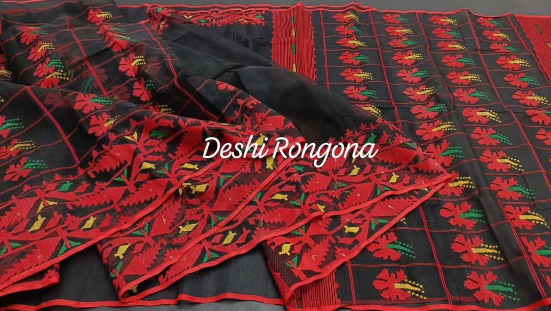 Elegant Pure Cotton Dhakai Jamdani Saree - Black and Red