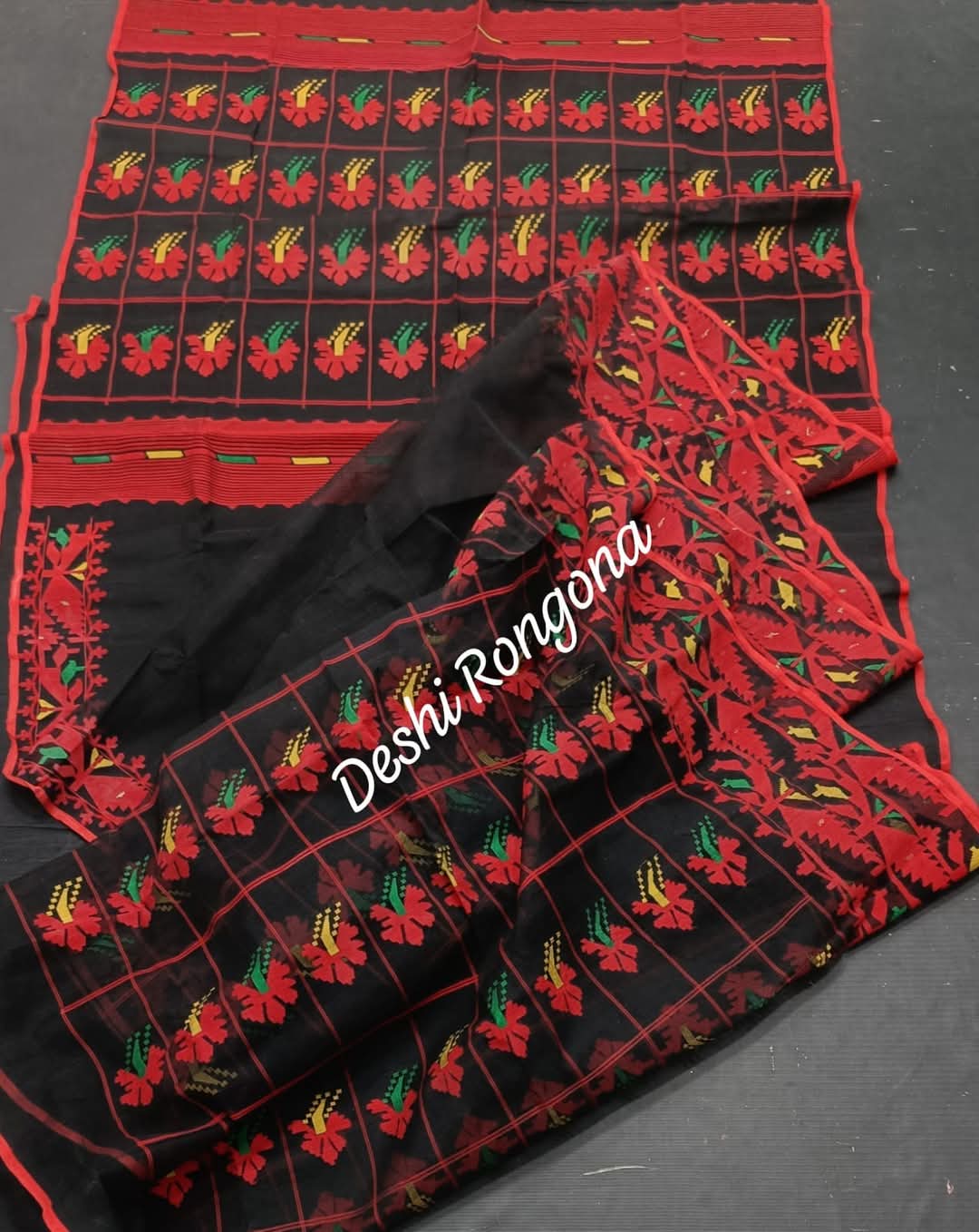Elegant Pure Cotton Dhakai Jamdani Saree - Black and Red