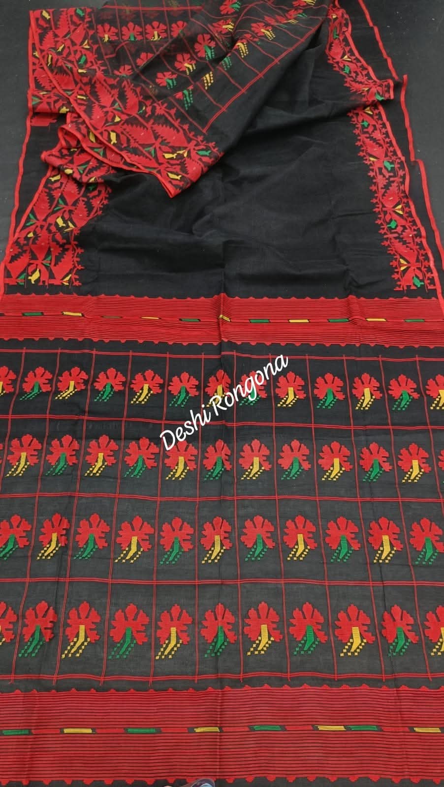 Elegant Pure Cotton Dhakai Jamdani Saree - Black and Red