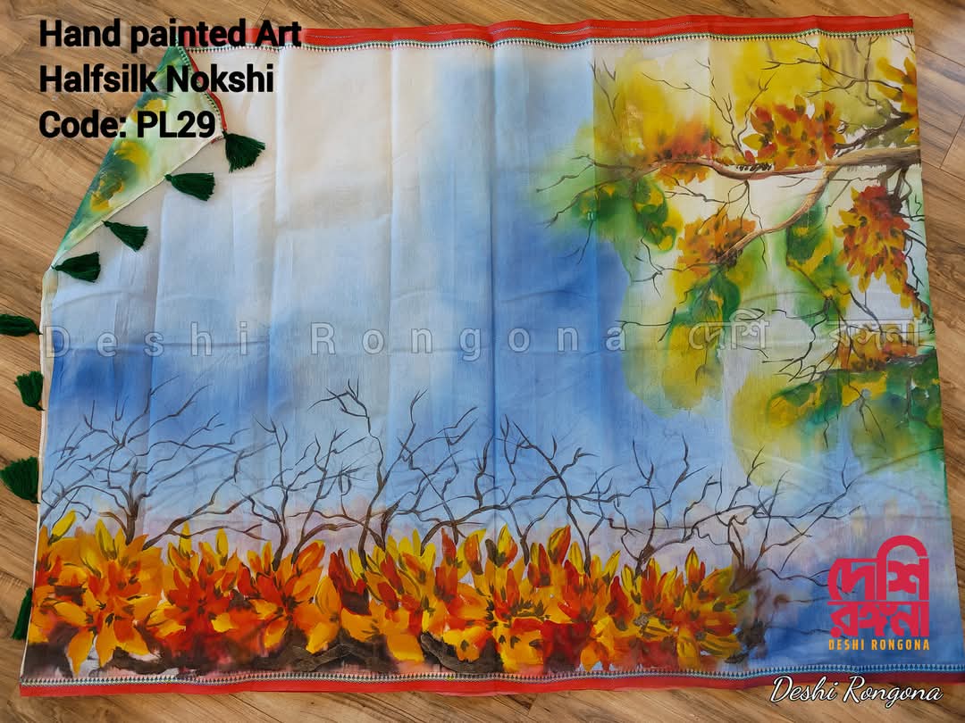 Butea Bloom Nokshi Saree – Handpainted Halfsilk