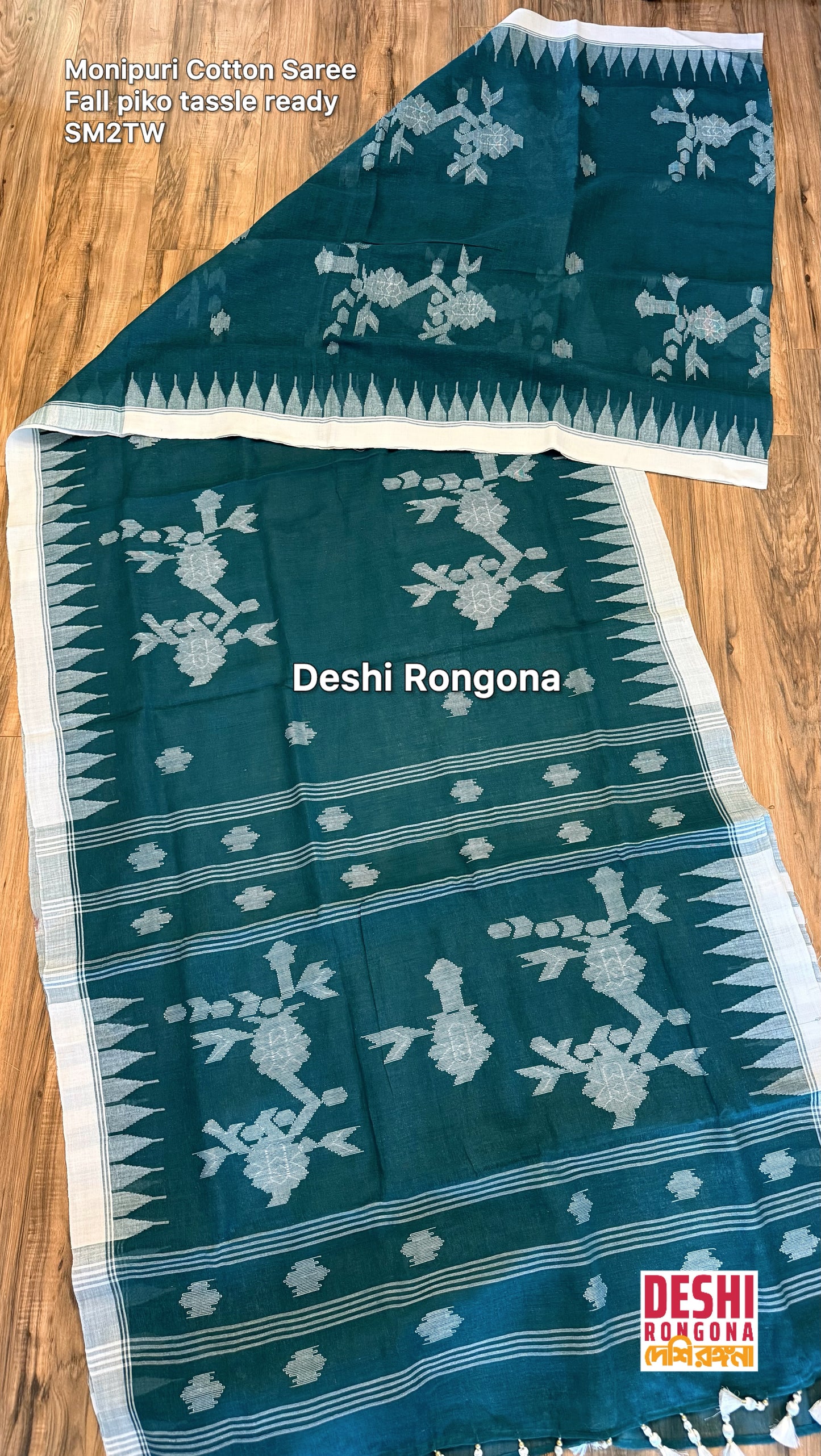 Monipuri Handwoven Cotton Saree – Teal & White