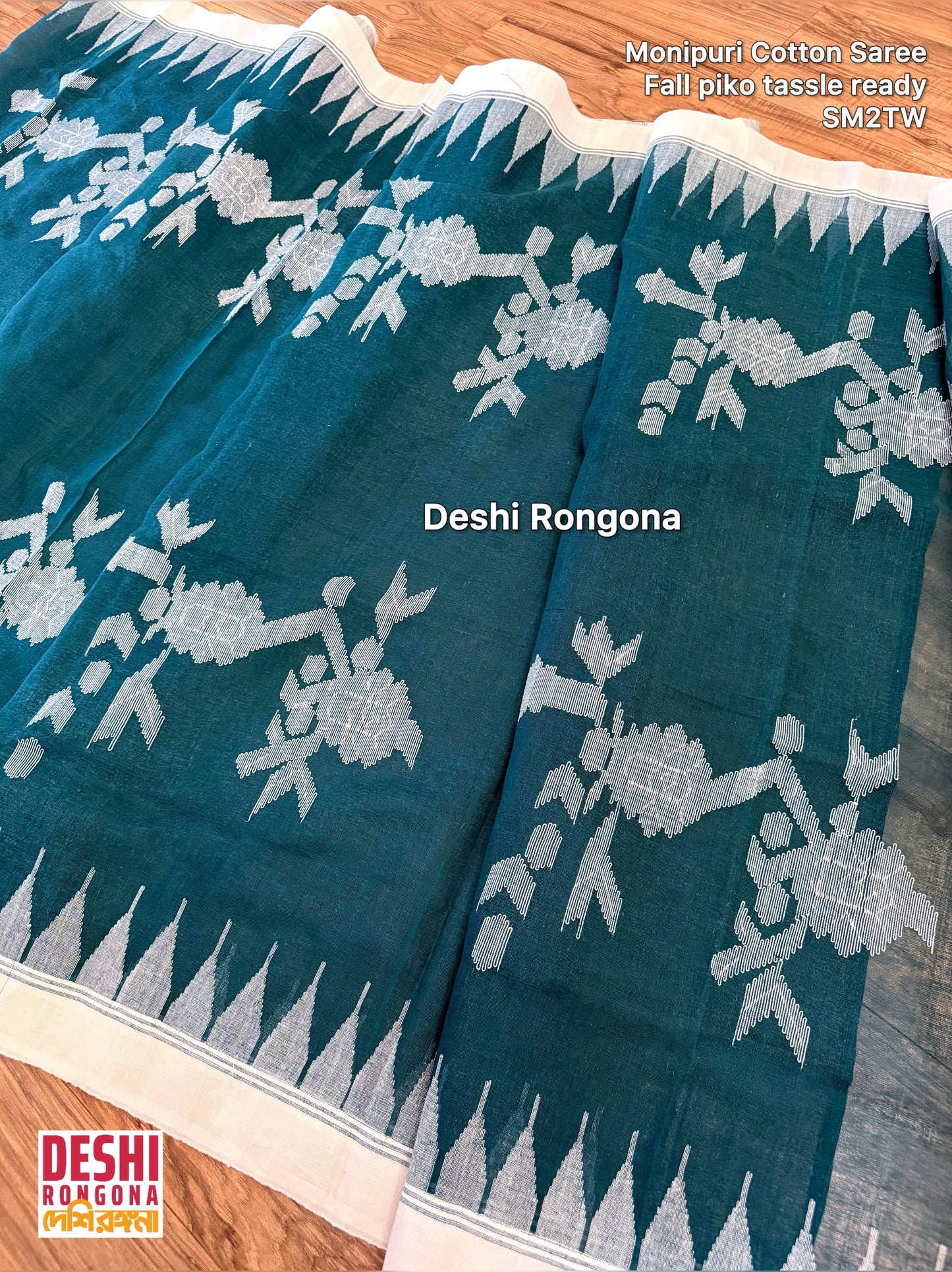 Monipuri Handwoven Cotton Saree – Teal & White