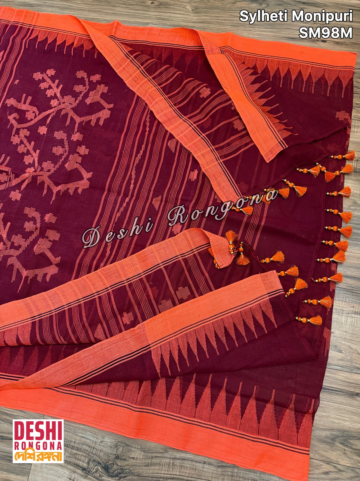 Monipuri Cotton saree, Maroon and Orange