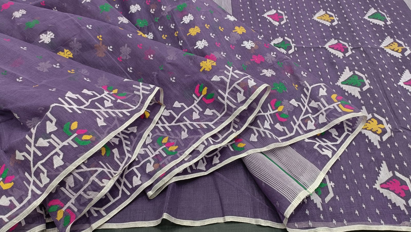 Elegant Pure Cotton Dhakai Jamdani Saree - Purple Mauve