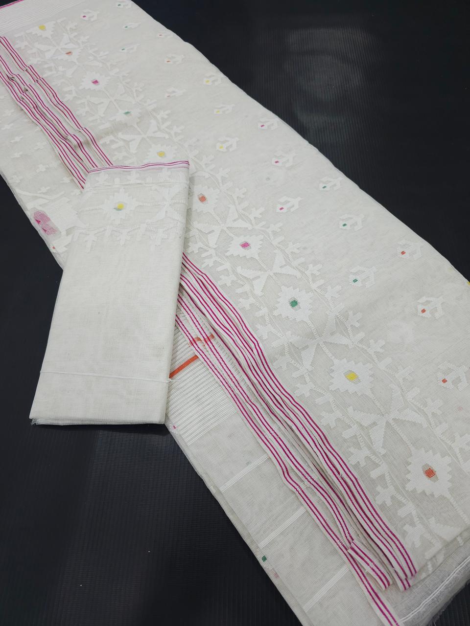 Elegant Pure Cotton Off White Dhakai Jamdani Saree