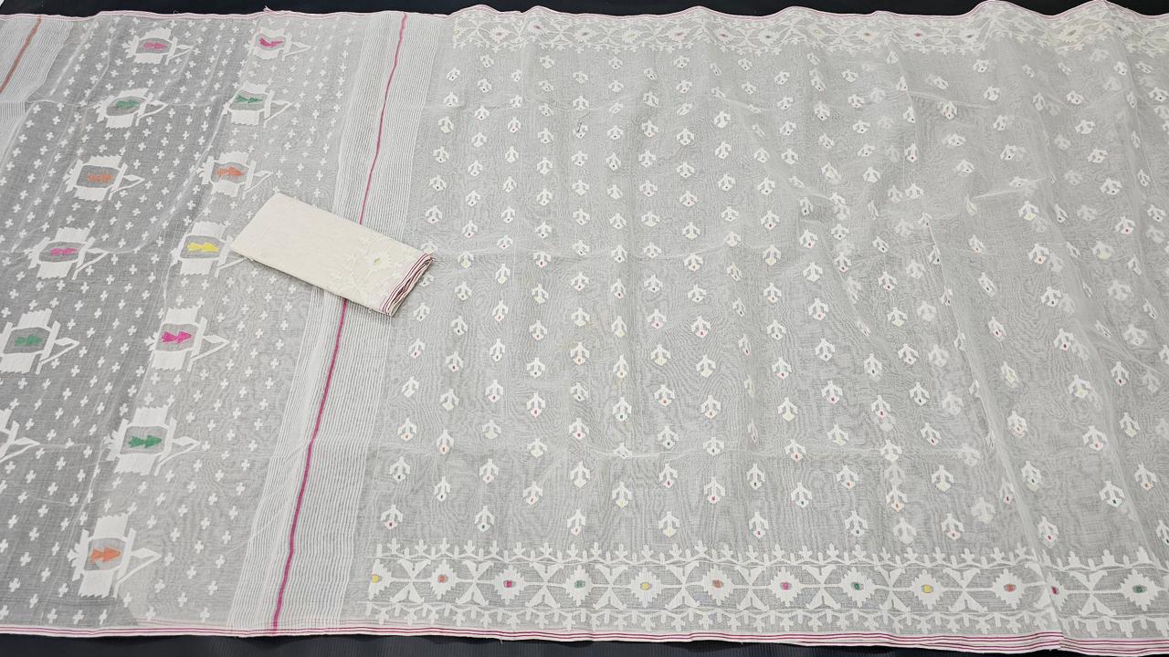 Elegant Pure Cotton Off White Dhakai Jamdani Saree