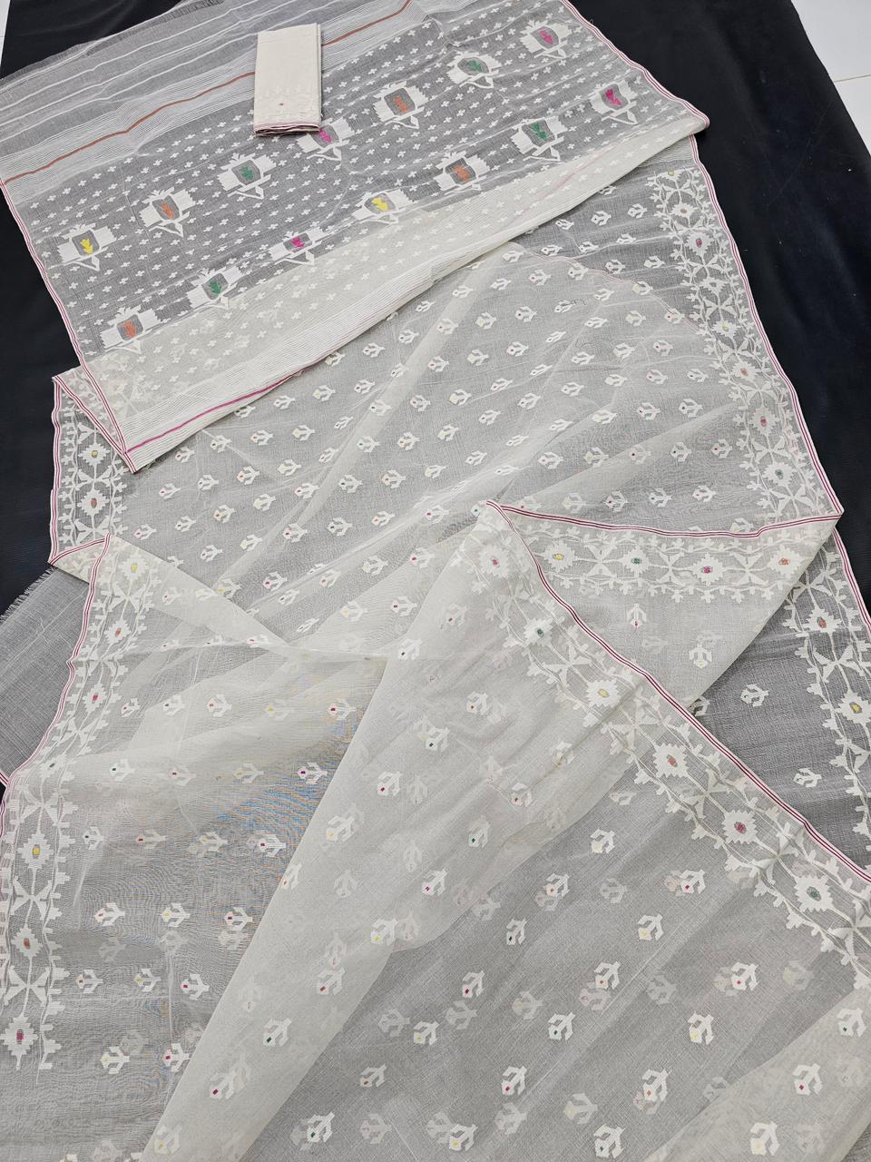 Elegant Pure Cotton Off White Dhakai Jamdani Saree