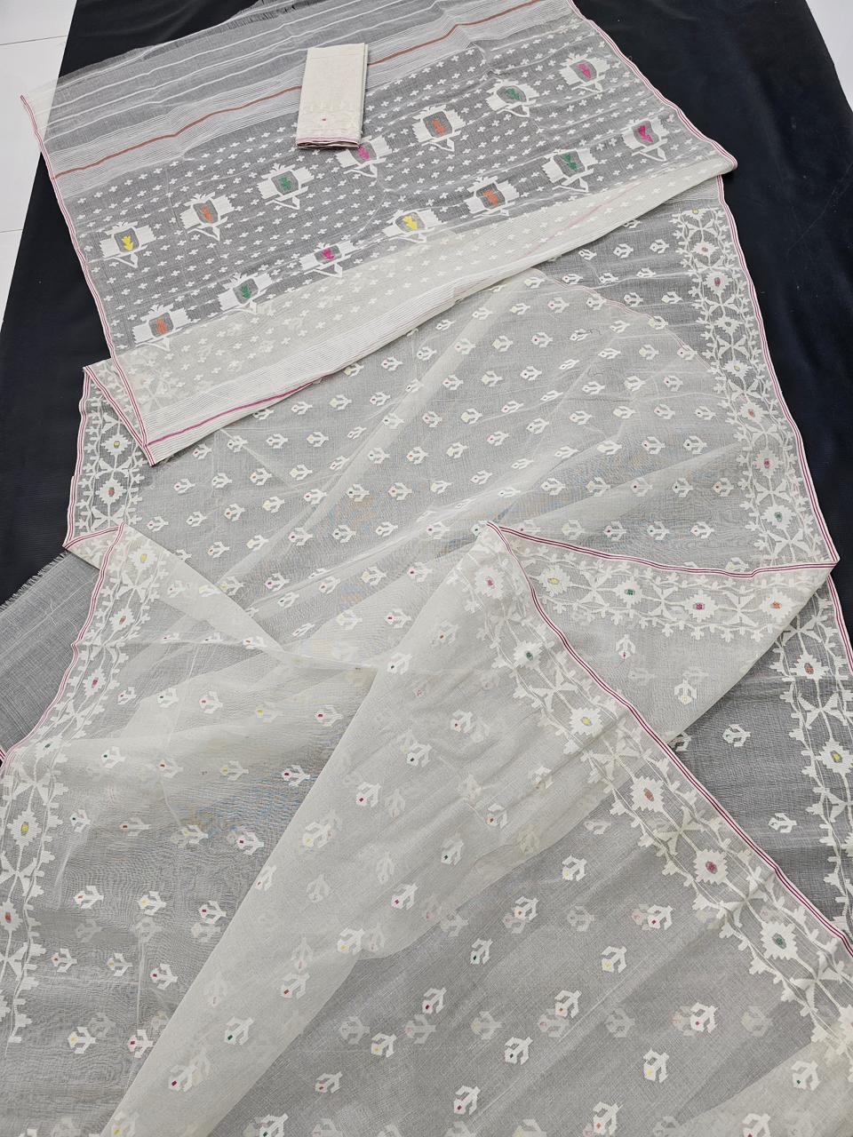 Elegant Pure Cotton Off White Dhakai Jamdani Saree