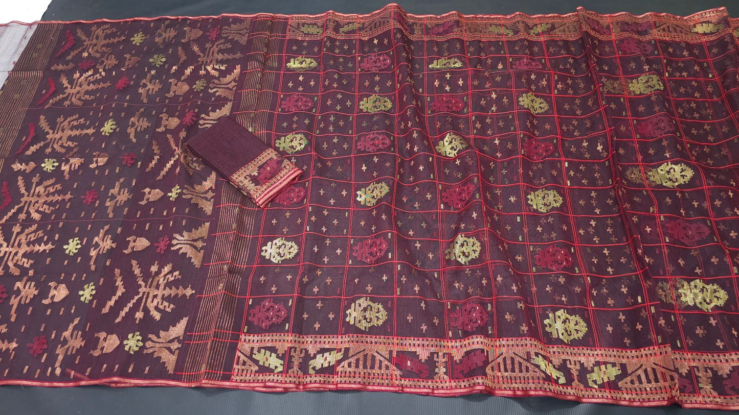 Elegant Deep Maroon Dhakai Jamdani Saree - Handloom Classic