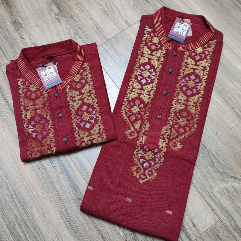 Original Dhakai Jamdani Punjabi – Handwoven Pure Cotton, Maroon