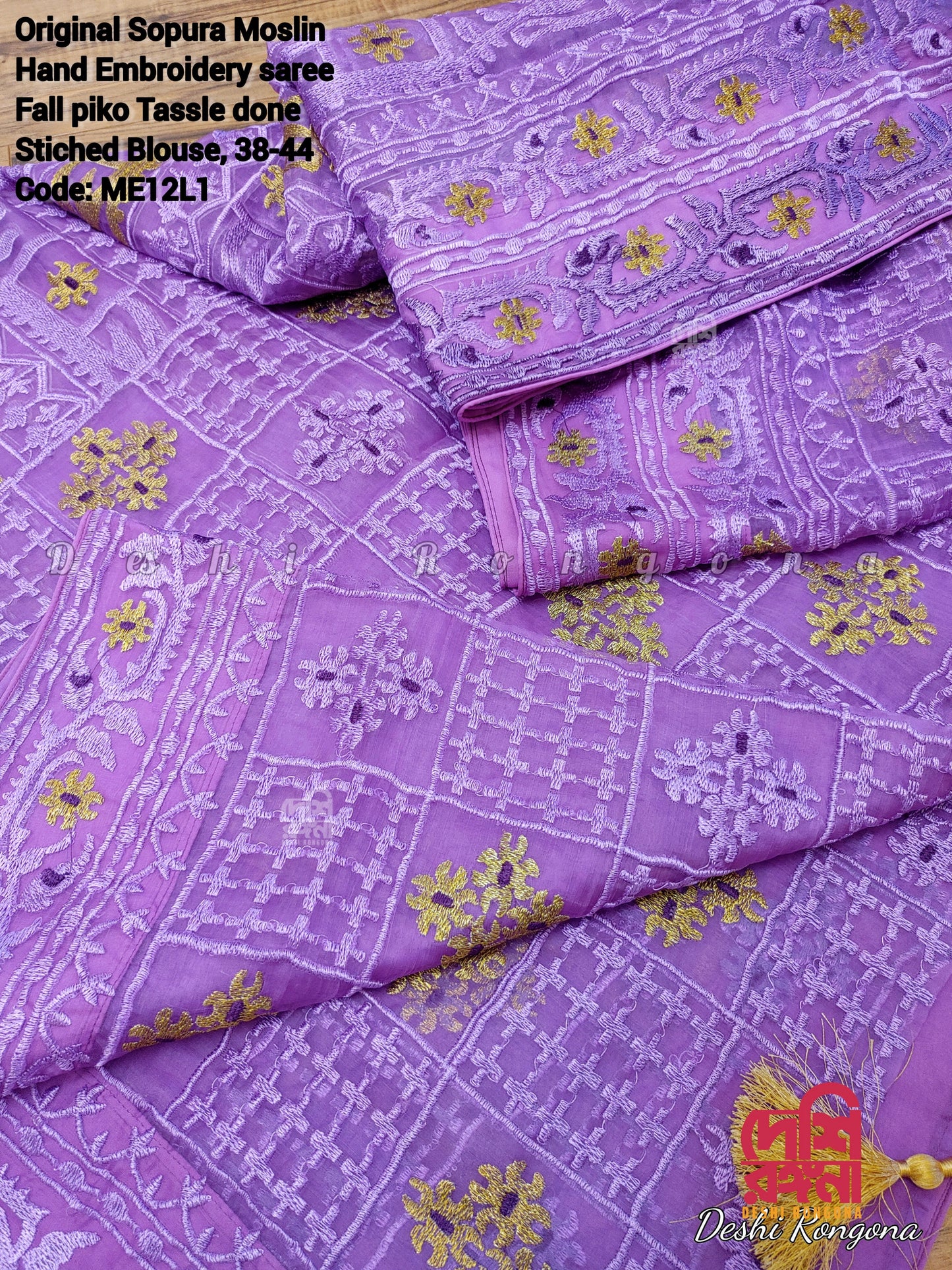 Original Moslin Hand Embroidery work Saree, Lavender Dream