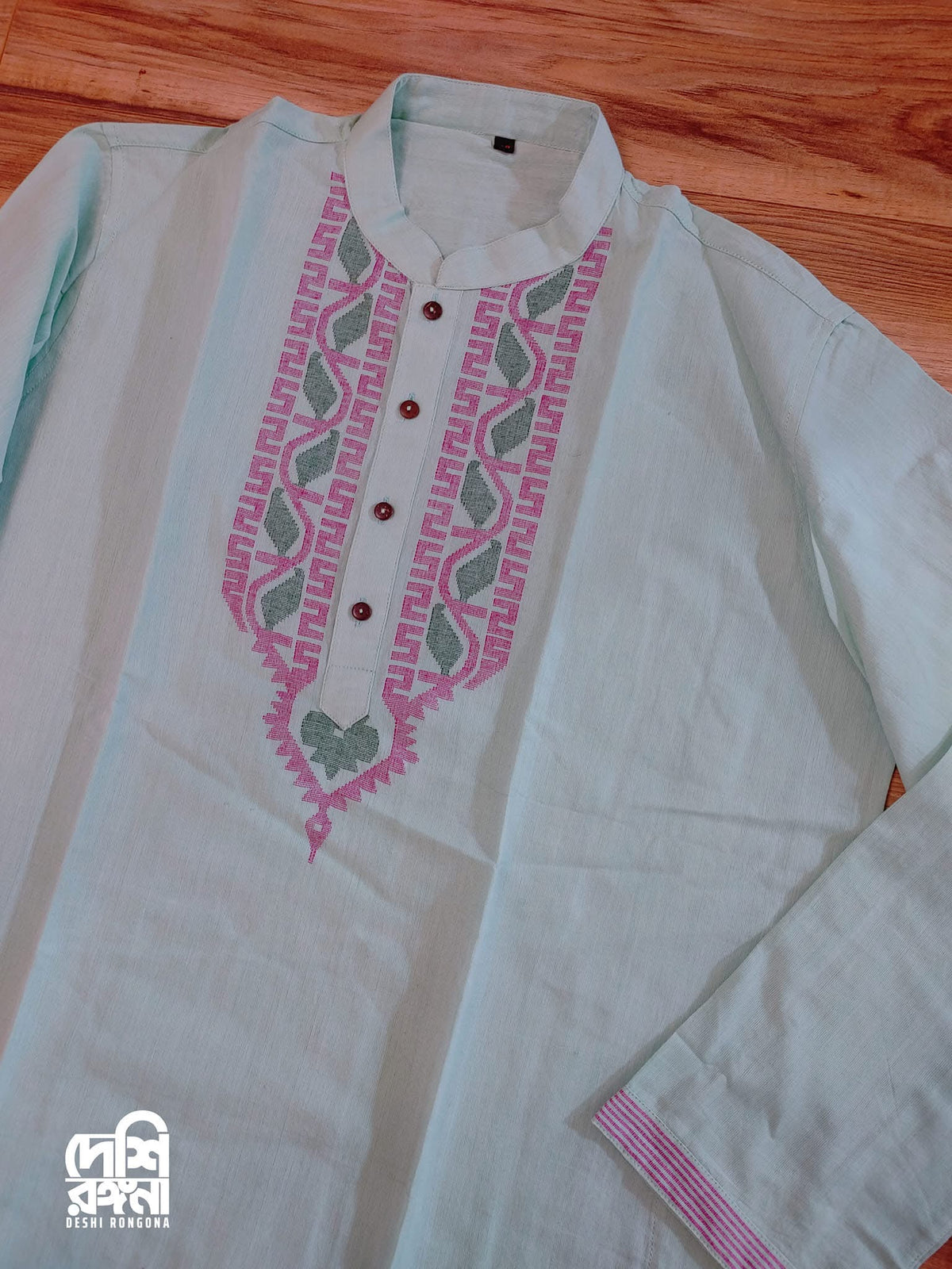 Original Dhakai Jamdani Men/Kid Punjabi, Pure Cotton, Mint Green Color, Loose Fit, Handwoven, Comfortable, Elegant, Made in Dhaka,Bangladesh