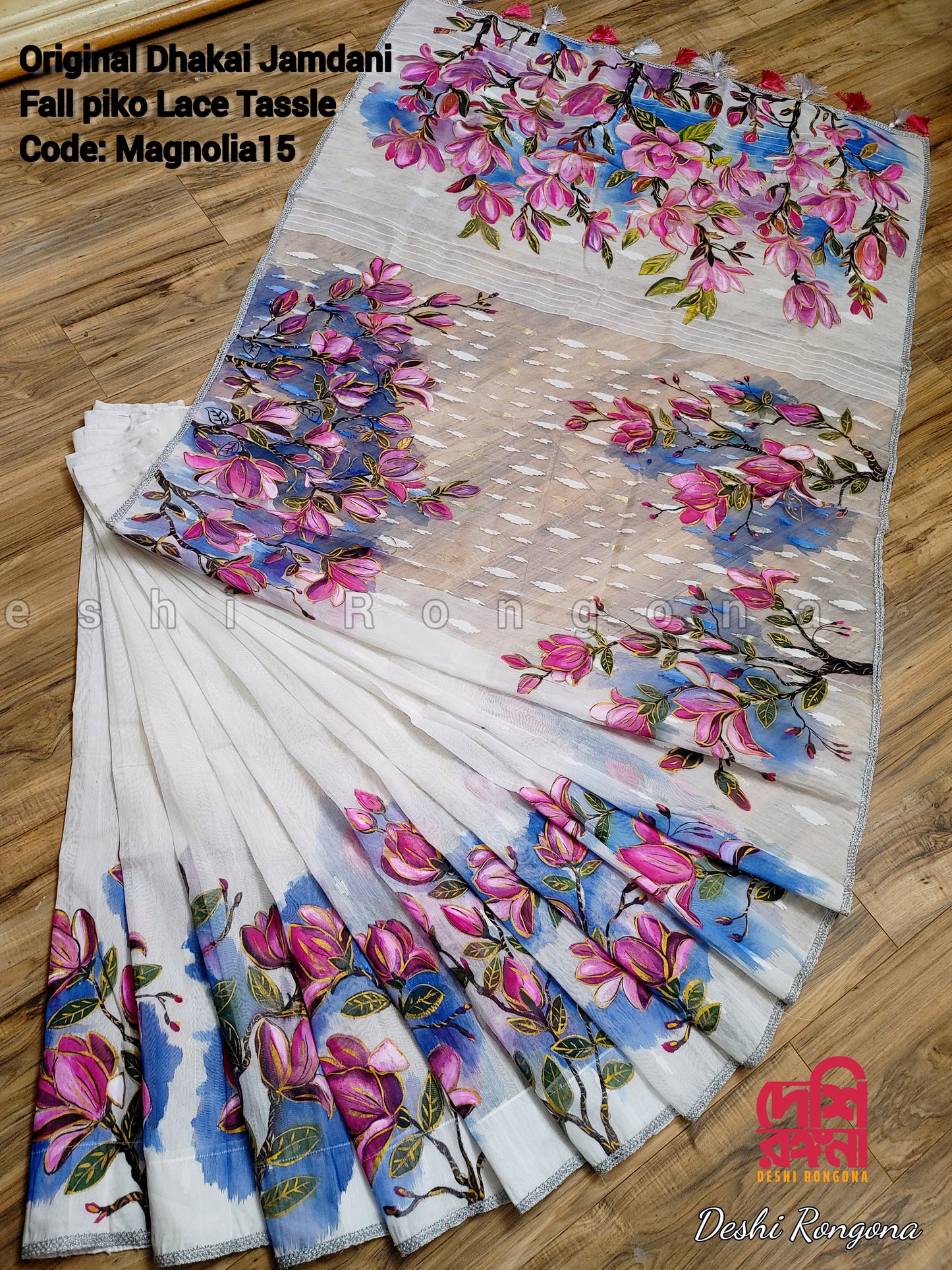 Handpainted Jamdani, Original Dhakai Saree | Pink Magnolia Theme