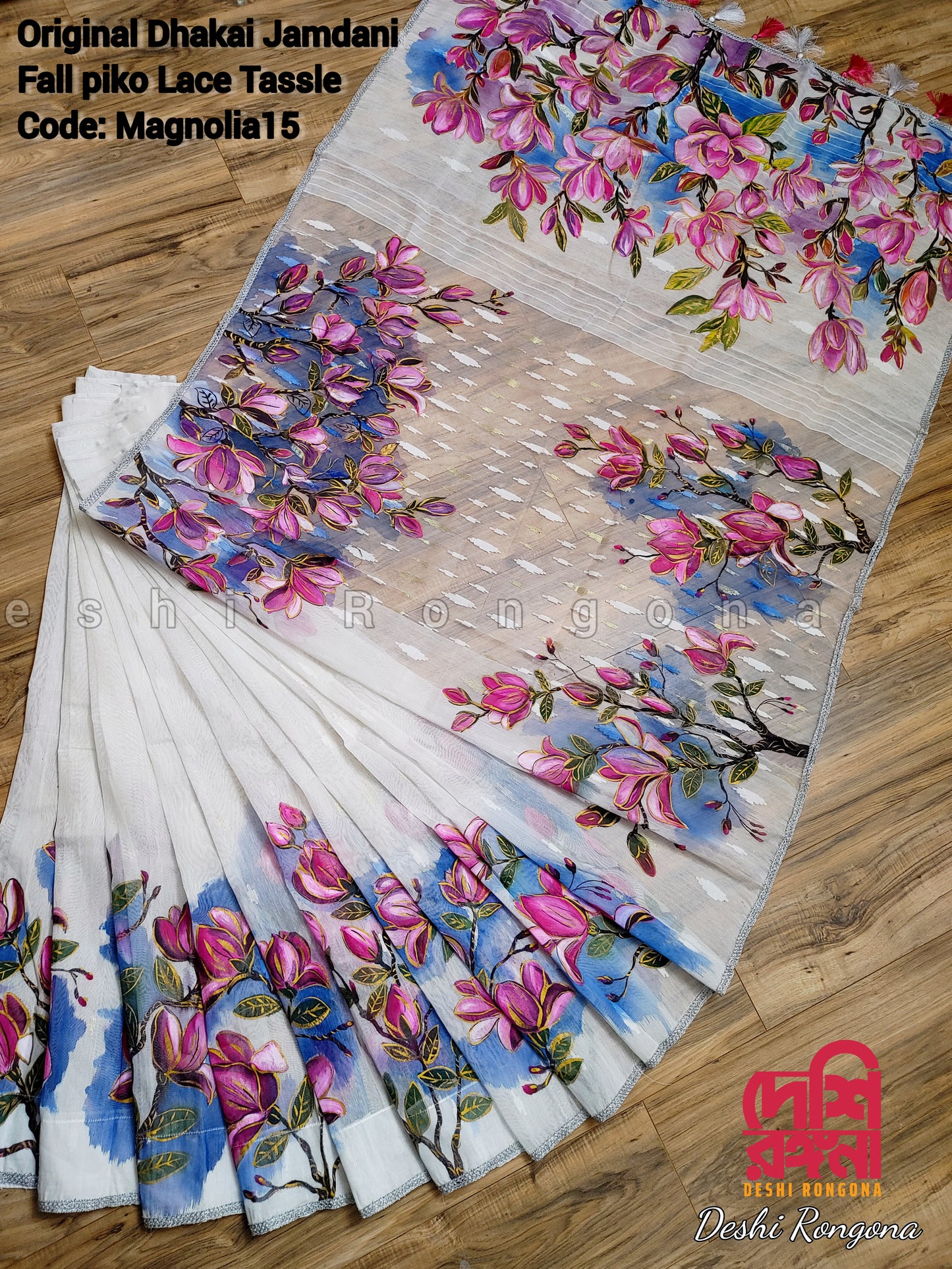 Handpainted Jamdani, Original Dhakai Saree | Pink Magnolia Theme