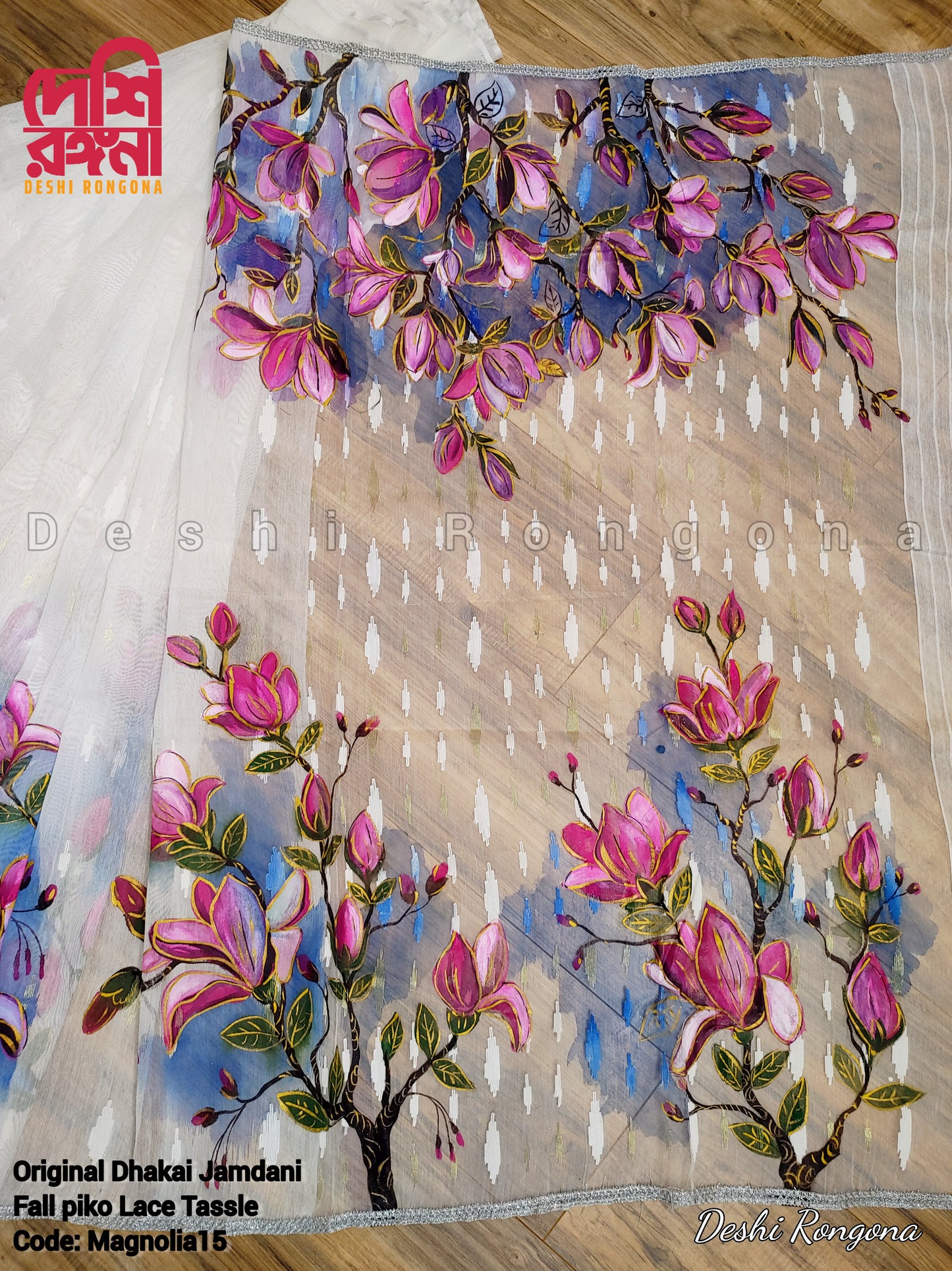 Handpainted Jamdani, Original Dhakai Saree | Pink Magnolia Theme